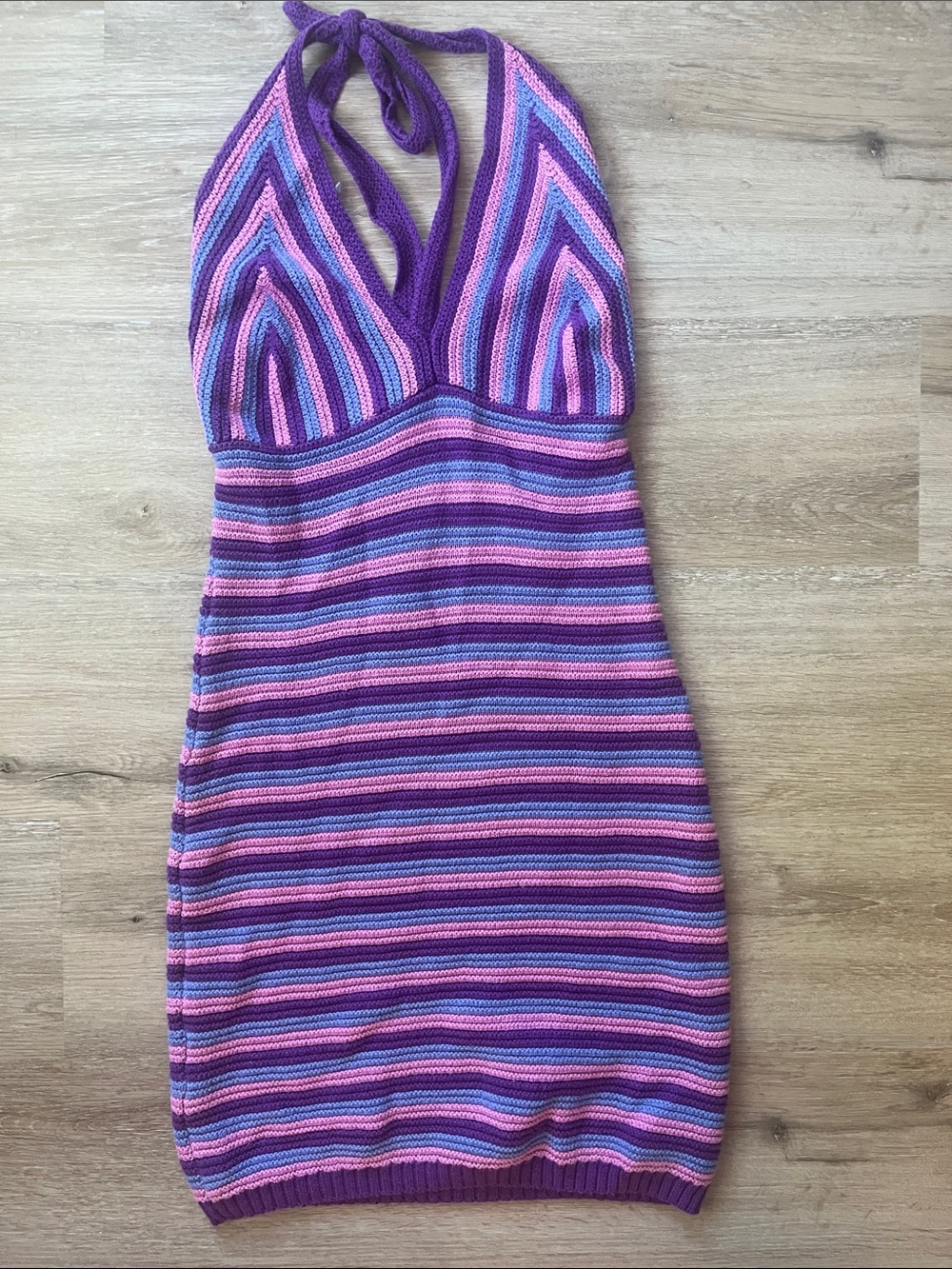 NWT Wild Fable Crochet Knit Purple Pink Striped Halter Mini Dress Medium